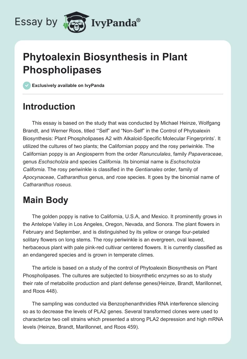 Phytoalexin Biosynthesis in Plant Phospholipases. Page 1