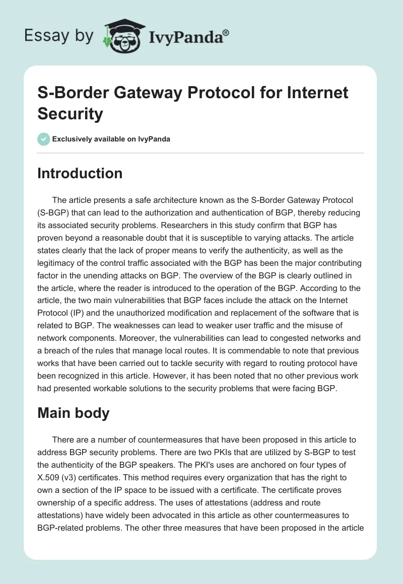 S-Border Gateway Protocol for Internet Security. Page 1