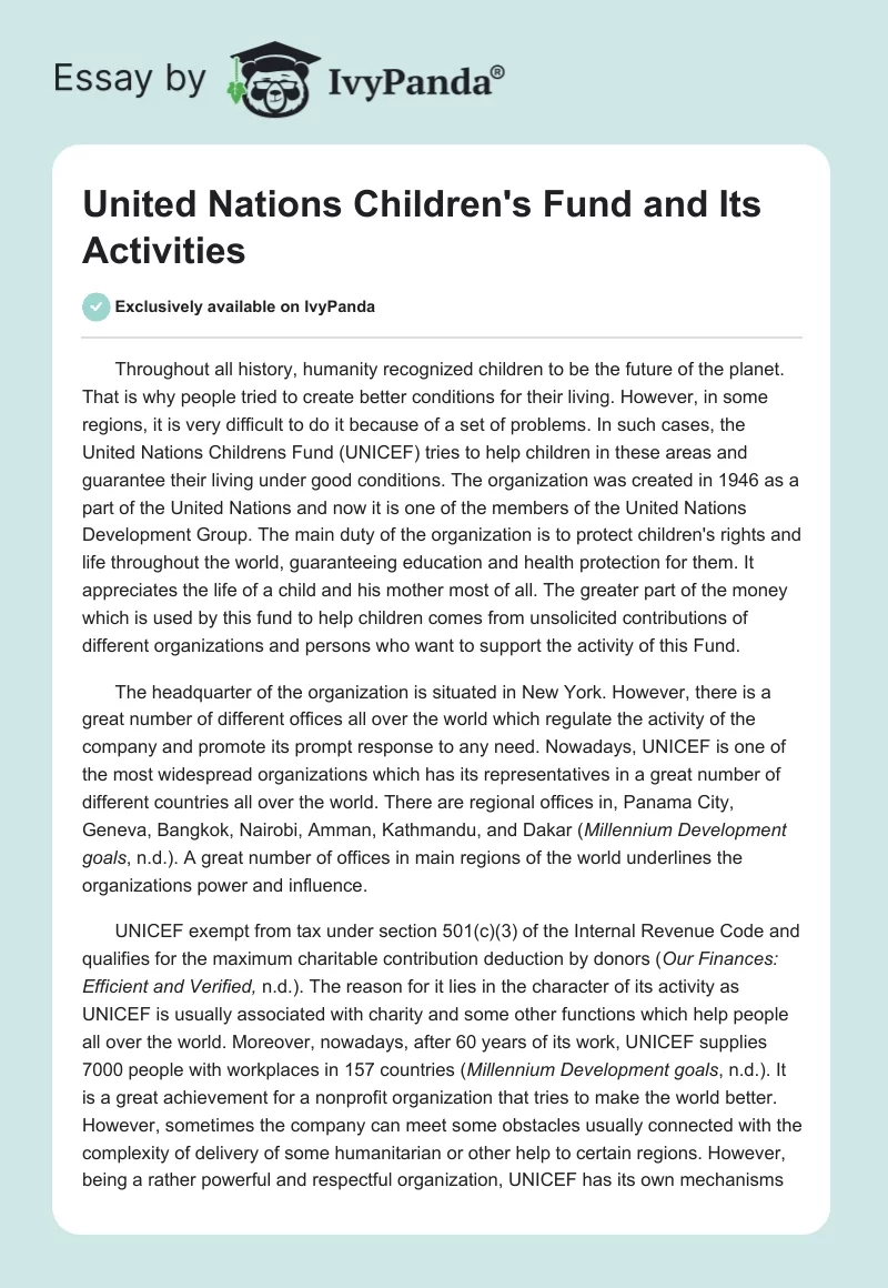 United Nations Children's Fund and Its Activities. Page 1