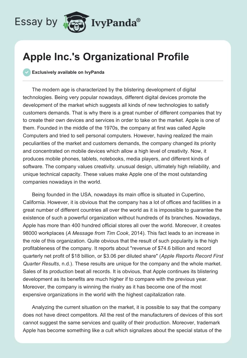 Apple Inc.'s Organizational Profile. Page 1