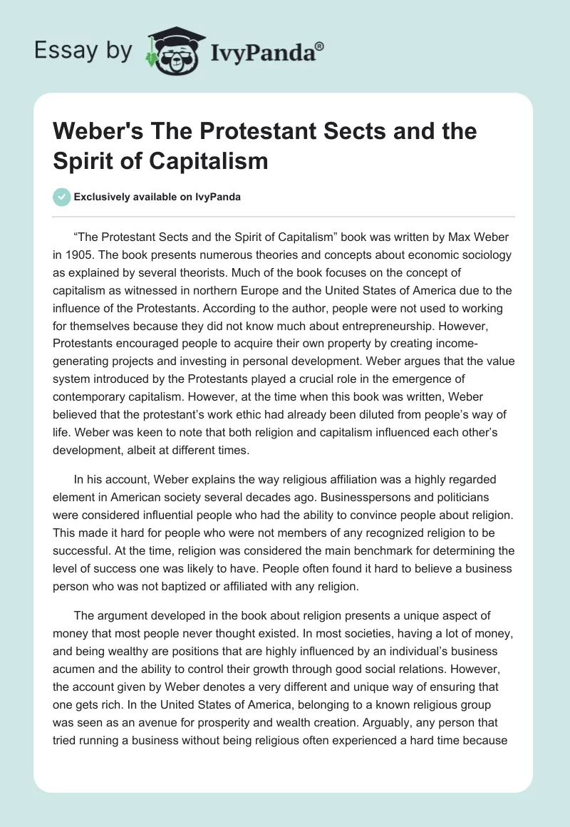 Weber's "The Protestant Sects and the Spirit of Capitalism". Page 1