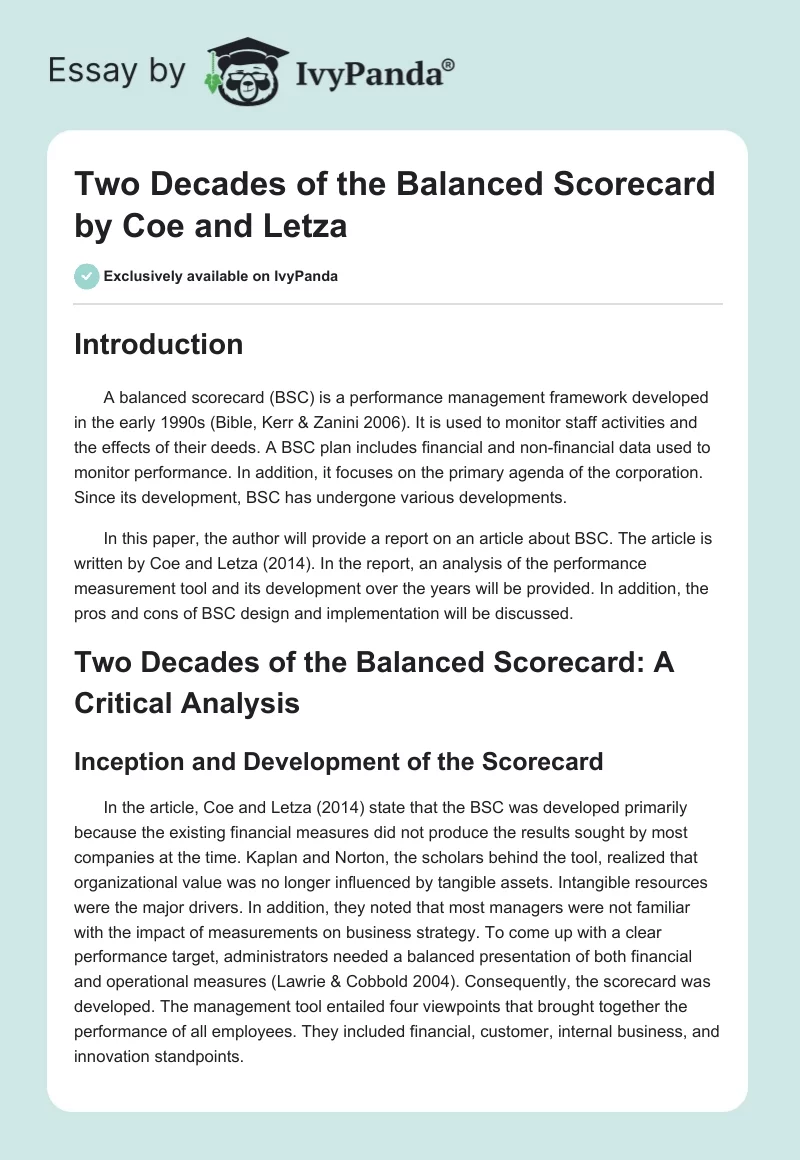 "Two Decades of the Balanced Scorecard" by Coe and Letza. Page 1