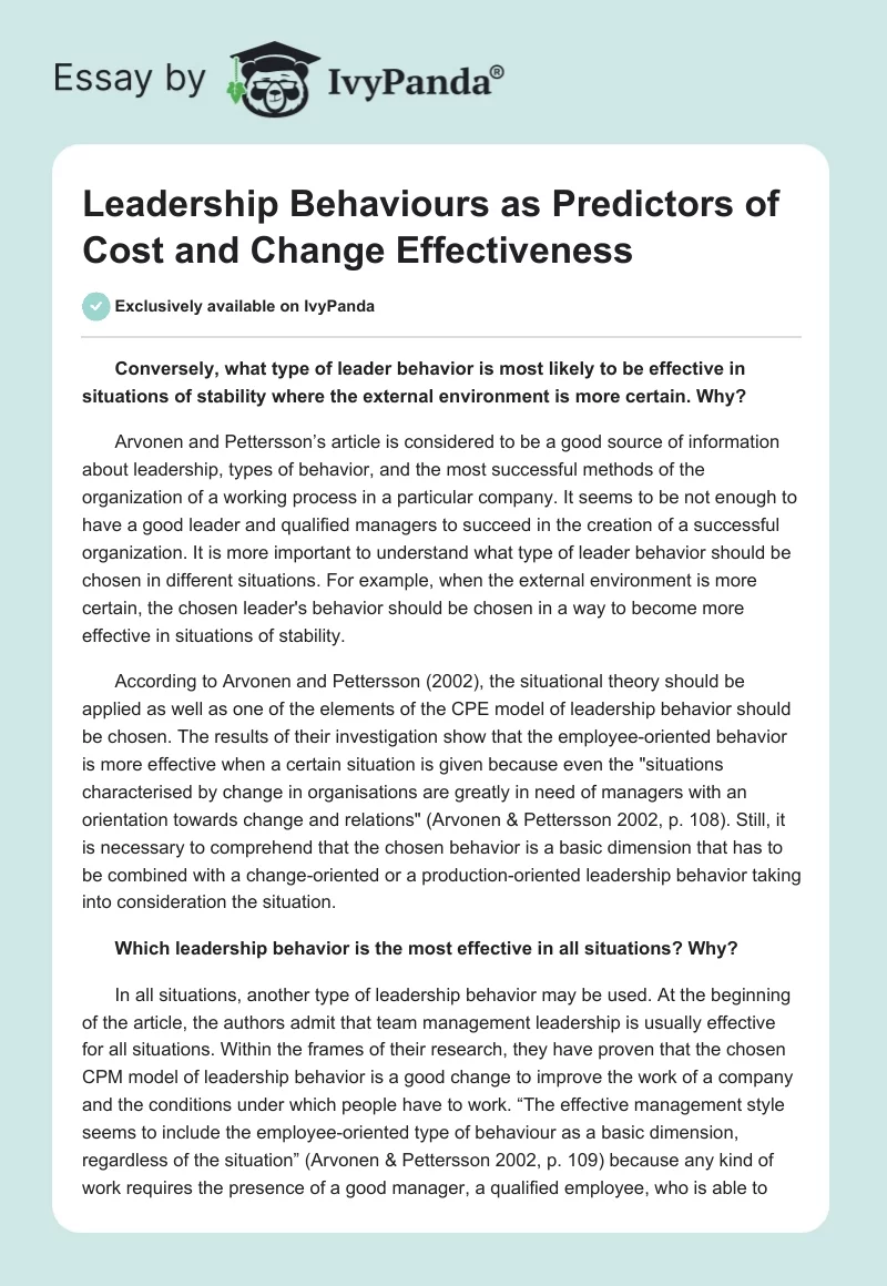 Leadership Behaviours as Predictors of Cost and Change Effectiveness. Page 1