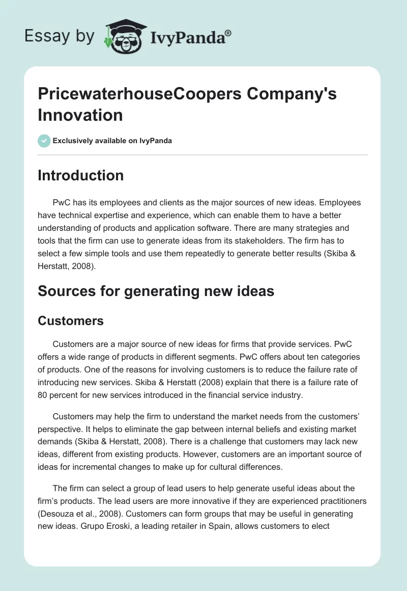 PricewaterhouseCoopers Company's Innovation. Page 1