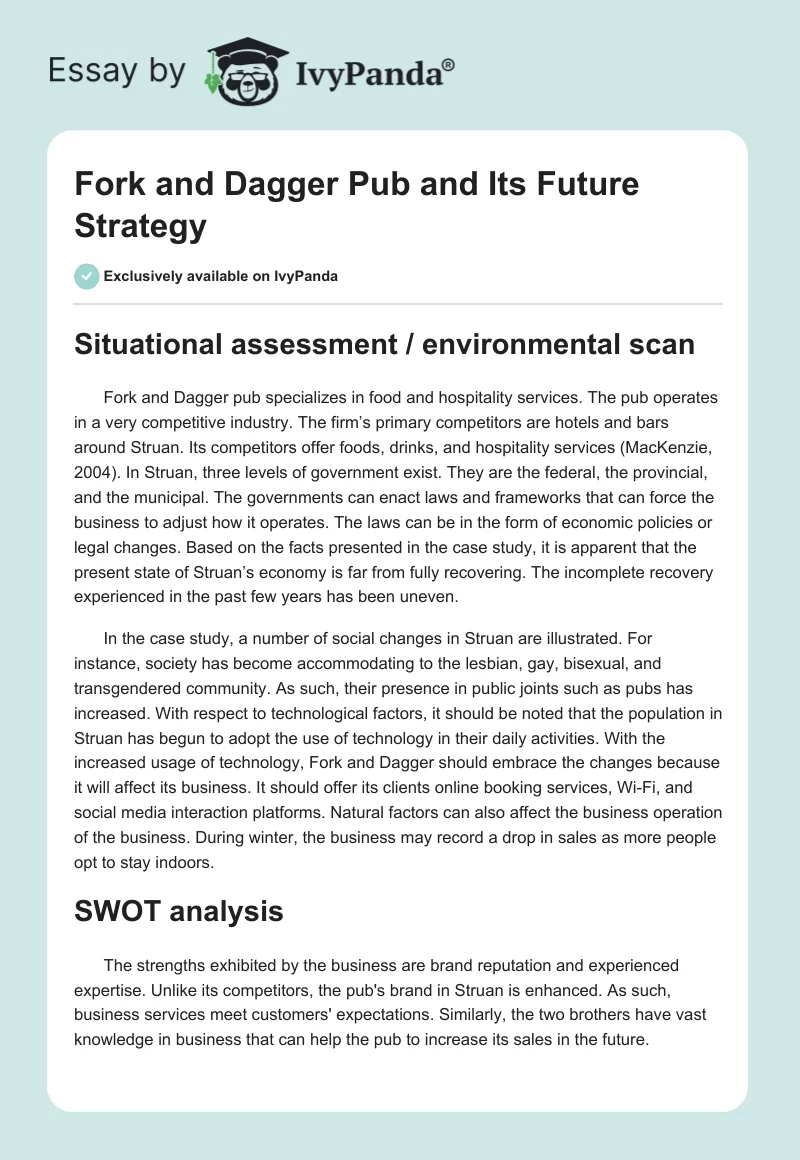 Fork and Dagger Pub and Its Future Strategy. Page 1
