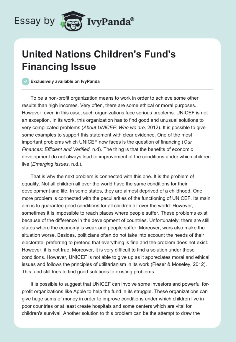 United Nations Children's Fund's Financing Issue. Page 1