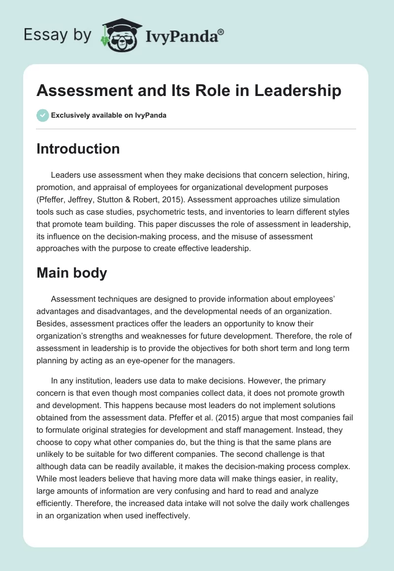 Assessment and Its Role in Leadership. Page 1