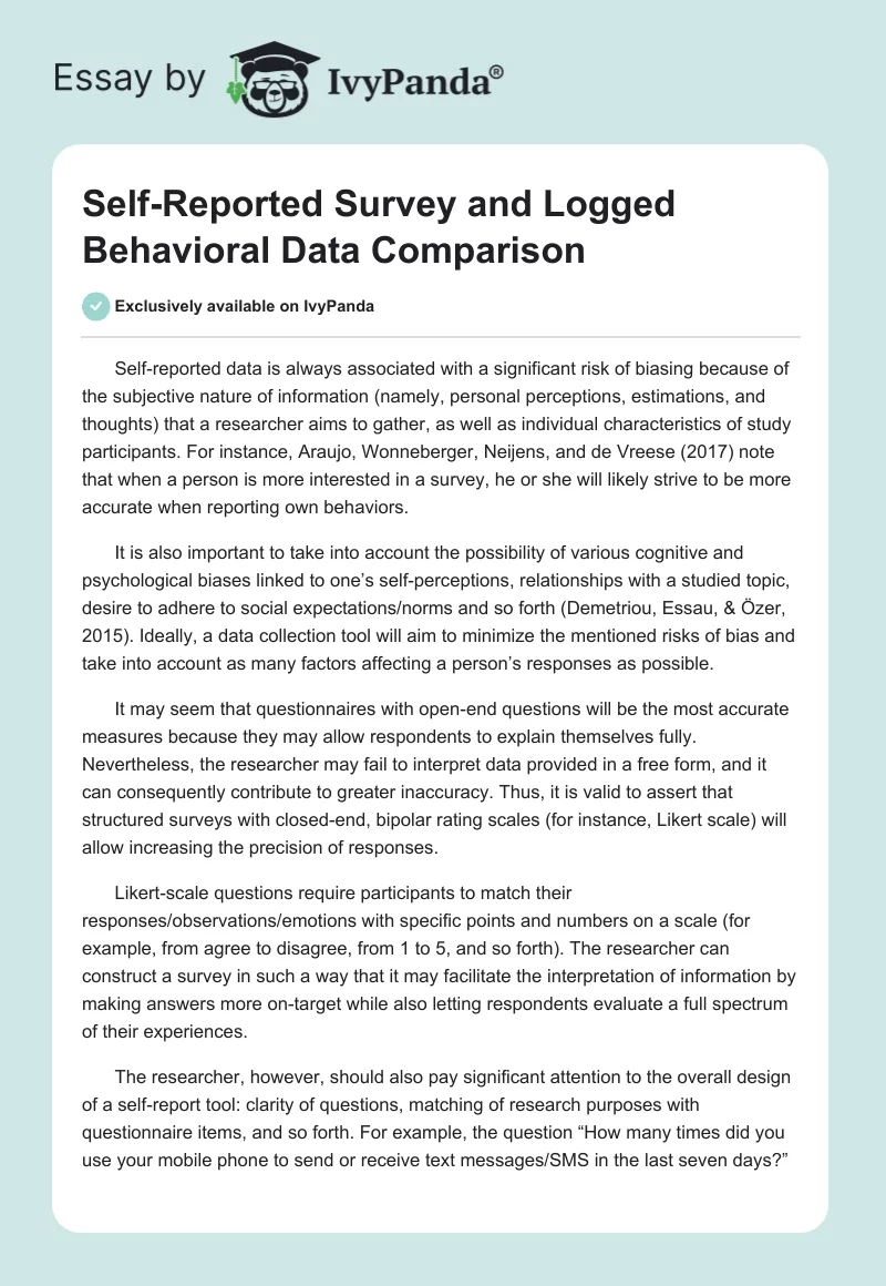 Self-Reported Survey and Logged Behavioral Data Comparison. Page 1