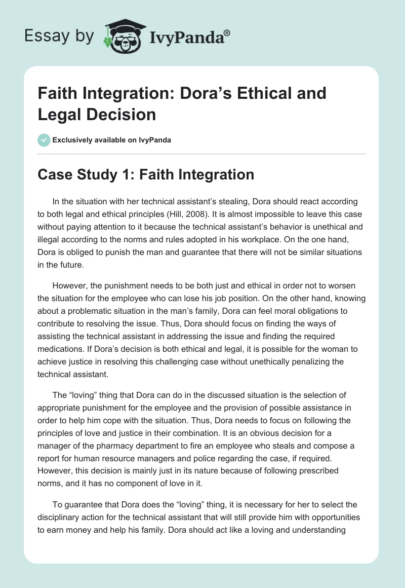 Faith Integration: Dora’s Ethical and Legal Decision. Page 1