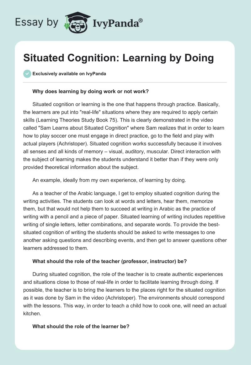 Situated Cognition: Learning by Doing. Page 1