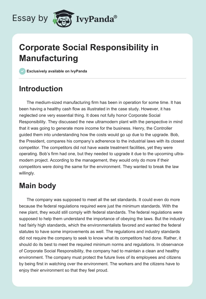 Corporate Social Responsibility in Manufacturing. Page 1