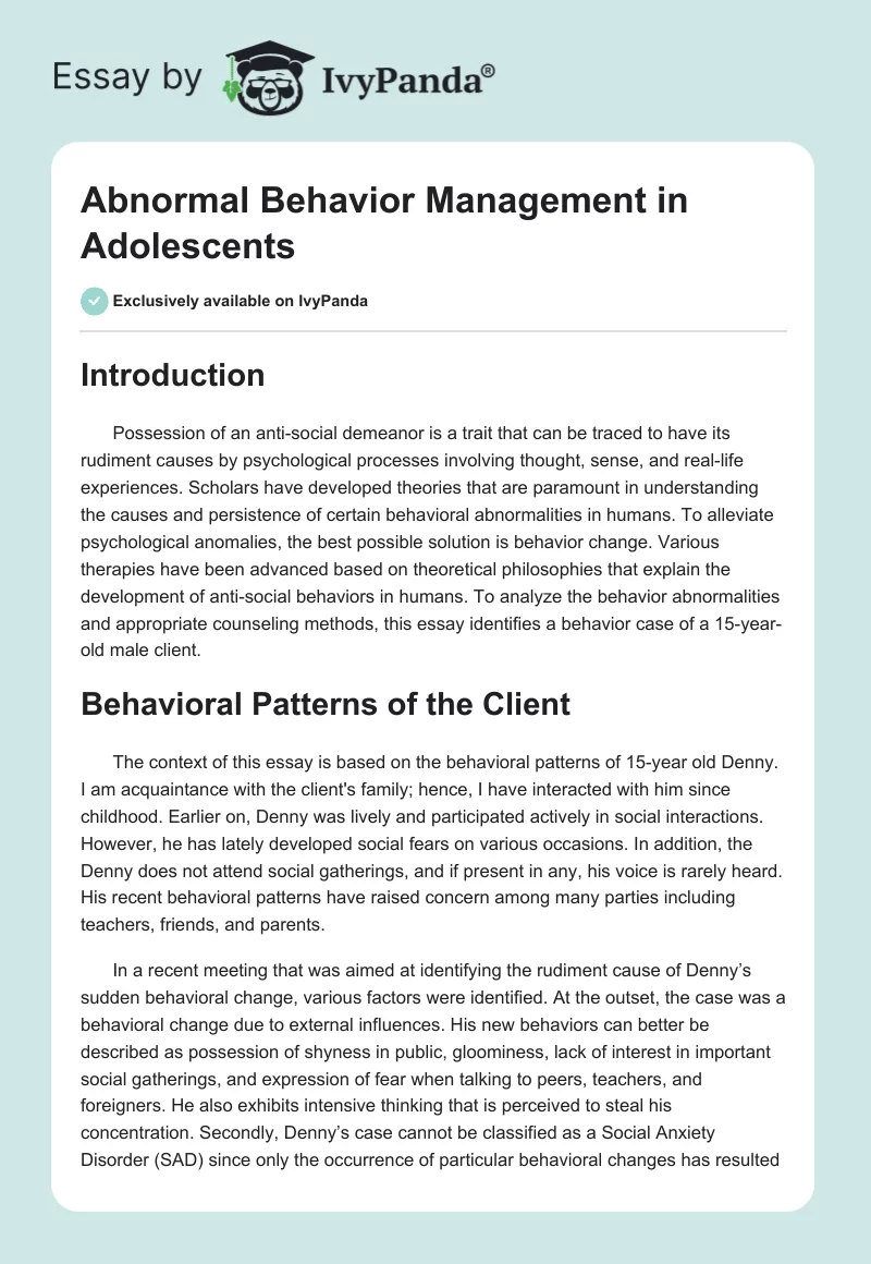 Abnormal Behavior Management in Adolescents. Page 1