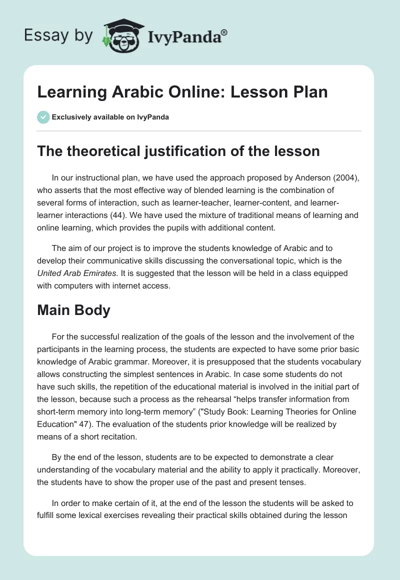 Learning Arabic Online: Lesson Plan. Page 1