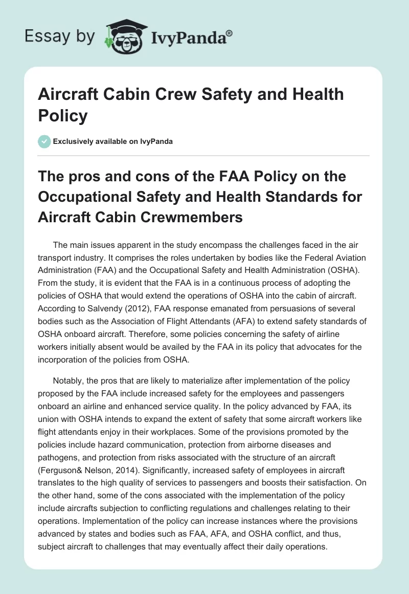 Aircraft Cabin Crew Safety and Health Policy. Page 1
