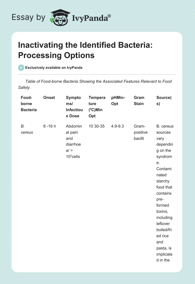 Inactivating the Identified Bacteria: Processing Options. Page 1