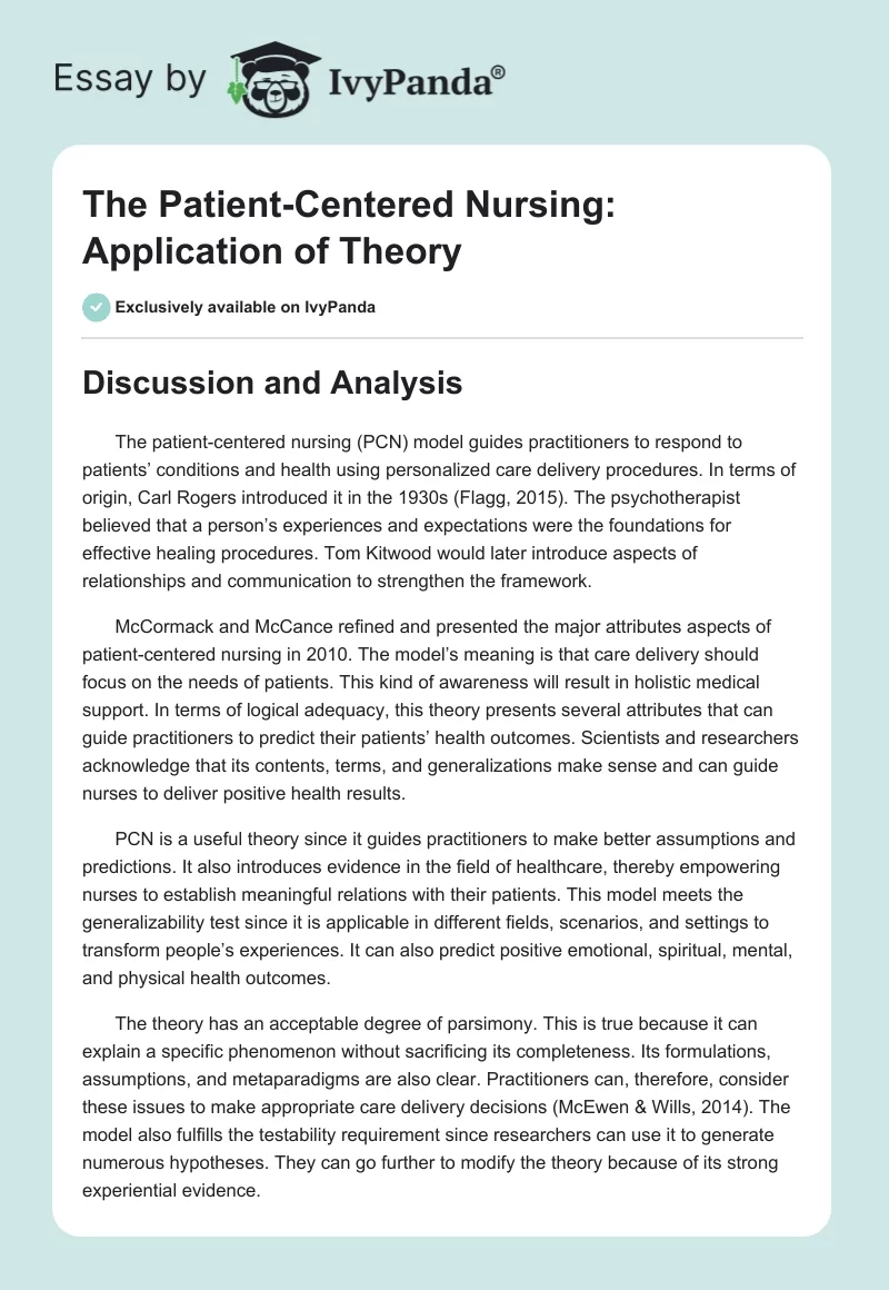 The Patient-Centered Nursing: Application of Theory. Page 1