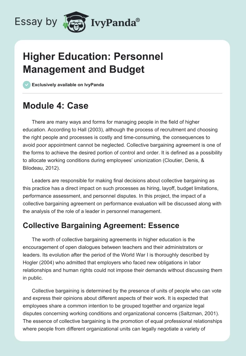 Higher Education: Personnel Management and Budget. Page 1