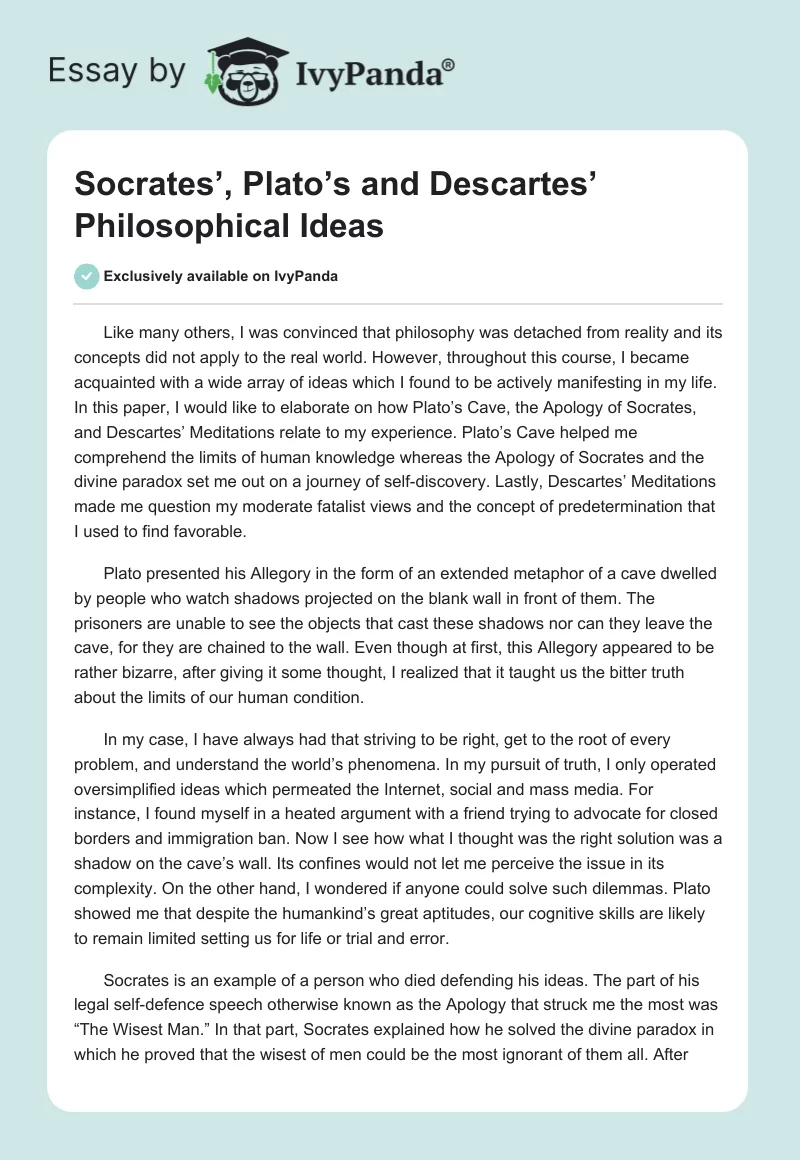 Socrates’, Plato’s and Descartes’ Philosophical Ideas. Page 1