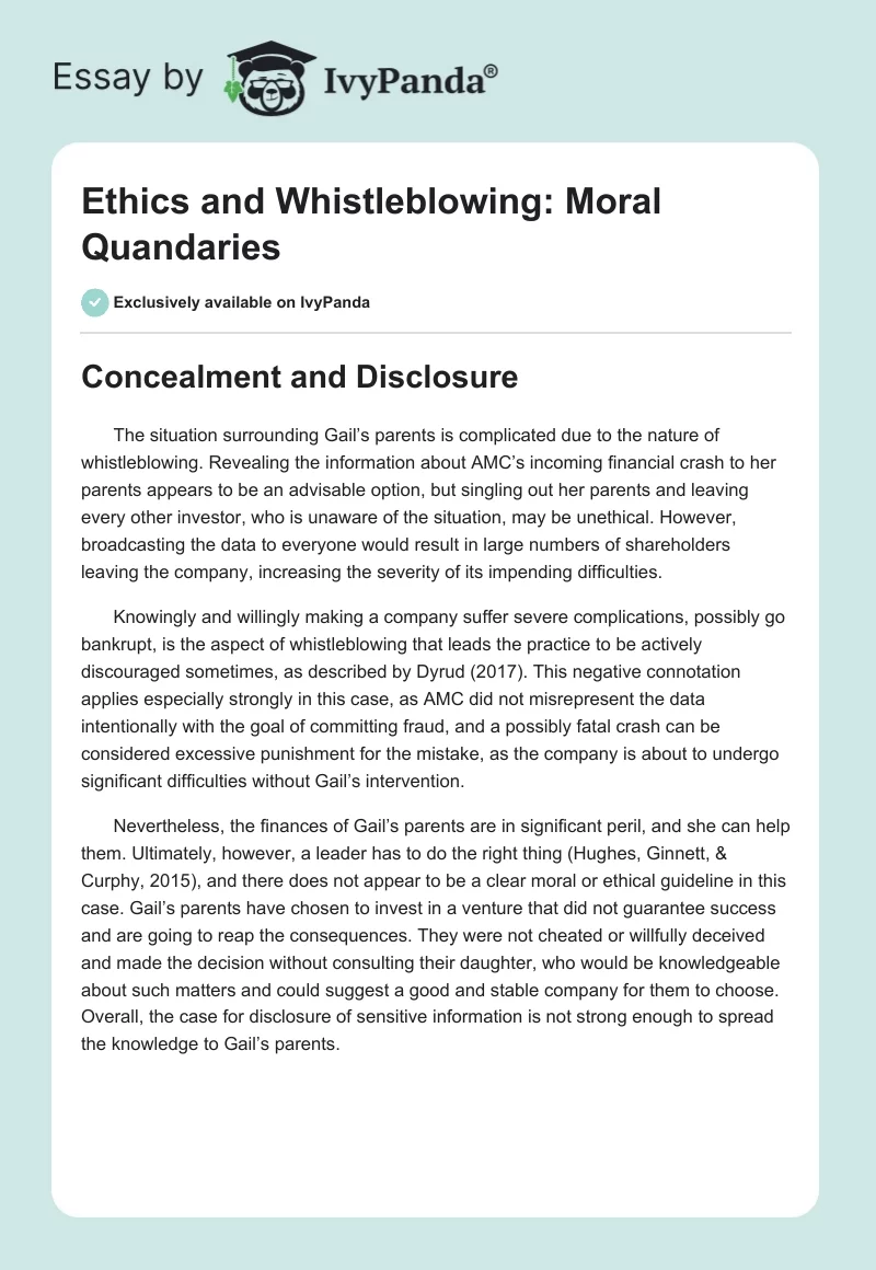 Ethics and Whistleblowing: Moral Quandaries. Page 1