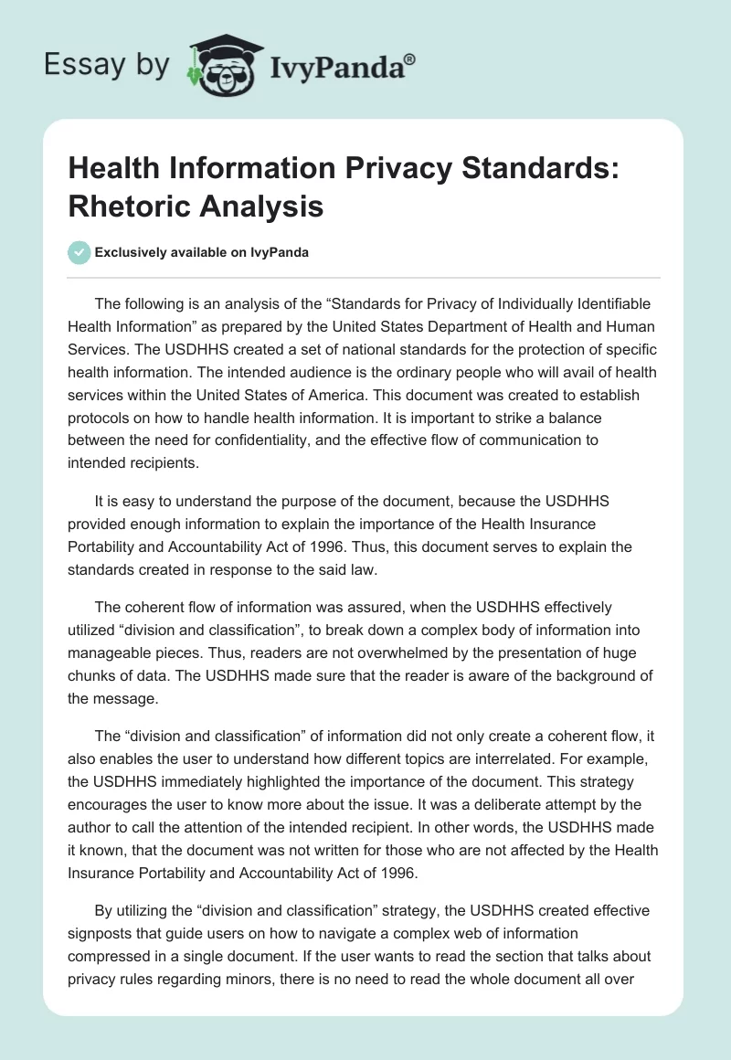 Health Information Privacy Standards: Rhetoric Analysis. Page 1