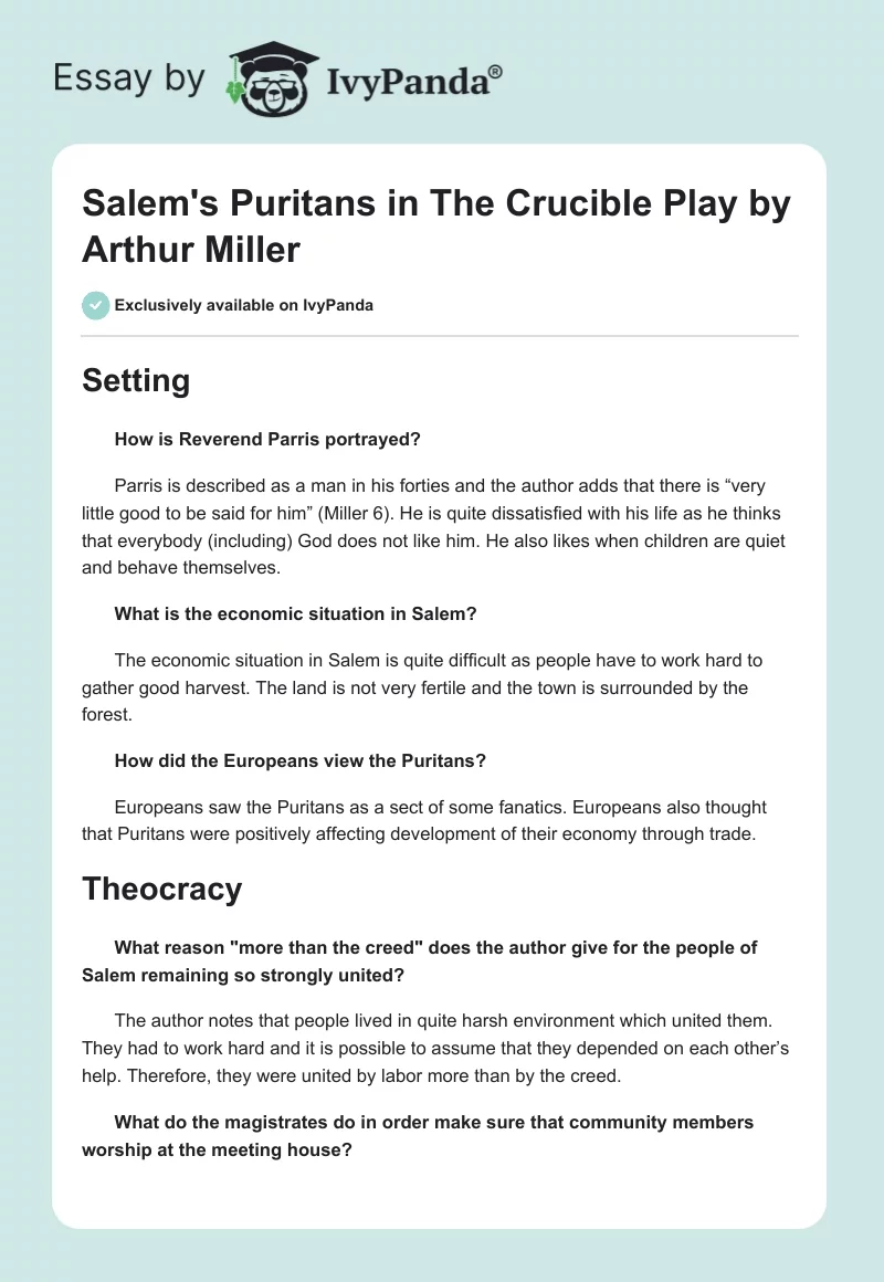 Salem's Puritans in "The Crucible" Play by Arthur Miller. Page 1
