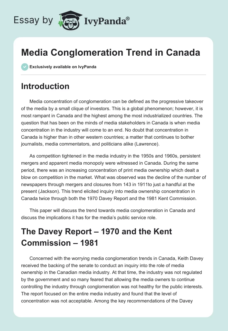 Media Conglomeration Trend in Canada. Page 1