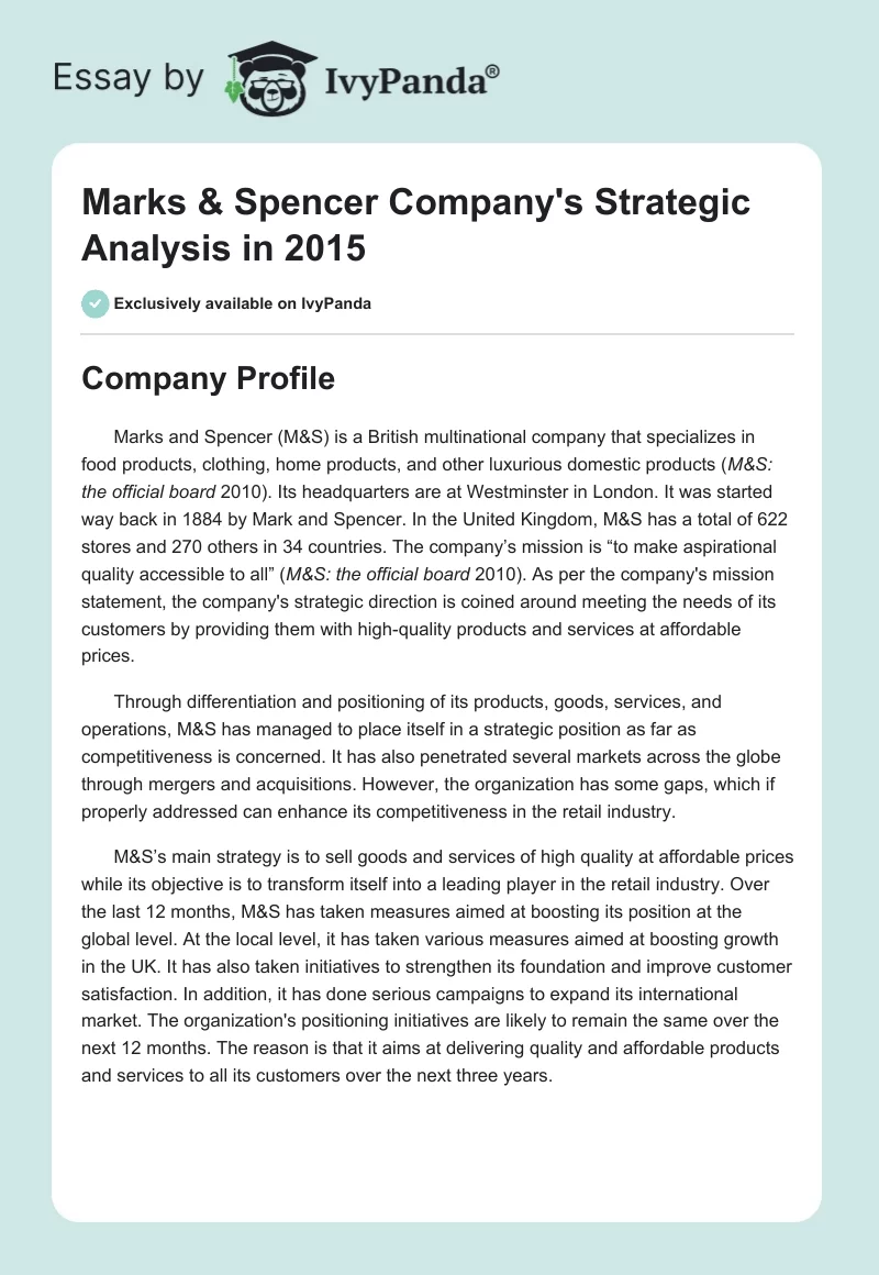 Marks & Spencer Company's Strategic Analysis in 2015. Page 1