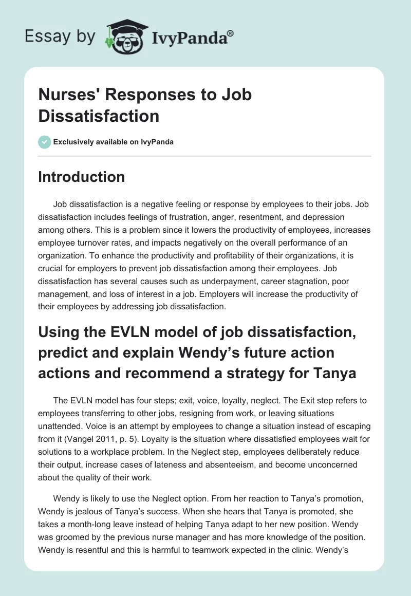 Nurses' Responses to Job Dissatisfaction. Page 1