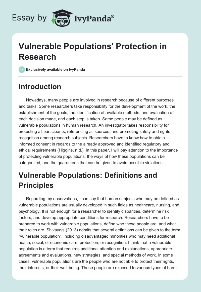 Vulnerable Populations' Protection in Research. Page 1