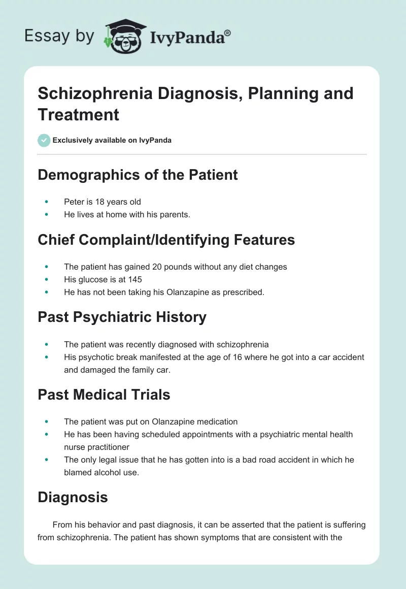 Schizophrenia Diagnosis, Planning and Treatment. Page 1