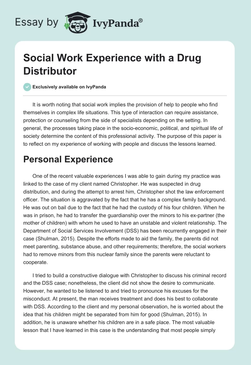 Social Work Experience with a Drug Distributor. Page 1