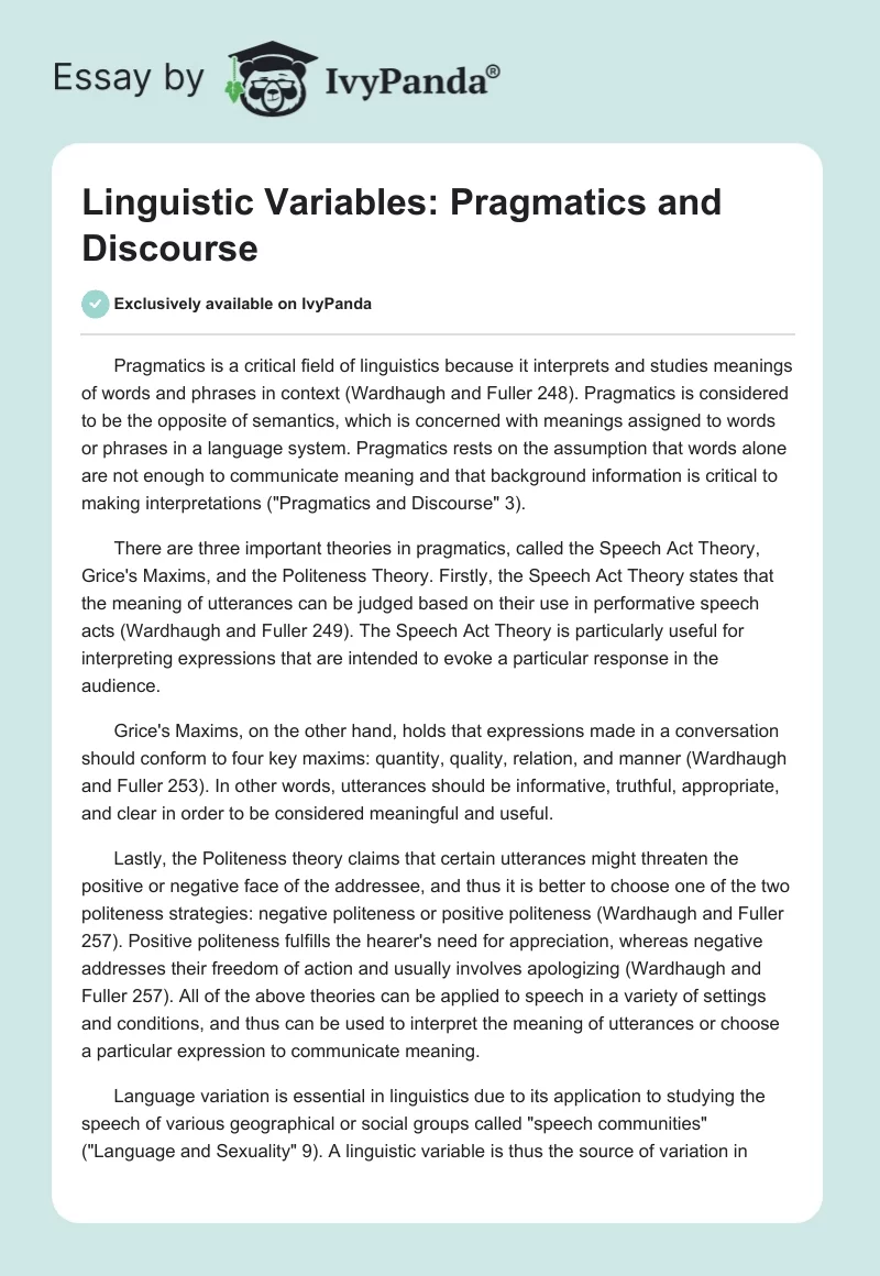 Linguistic Variables: Pragmatics and Discourse. Page 1