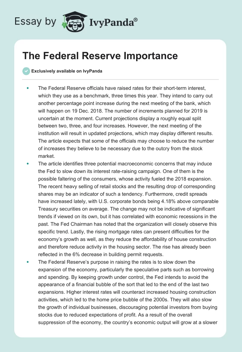 The Federal Reserve Importance. Page 1