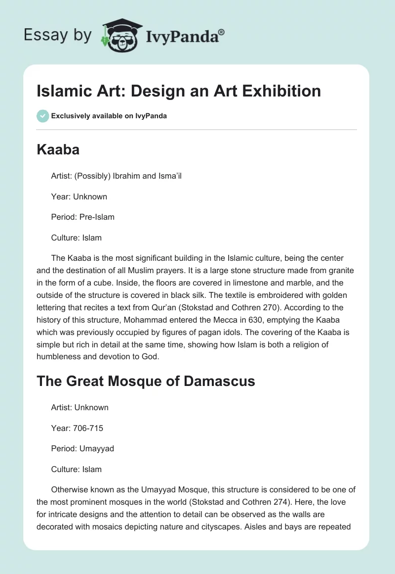 Islamic Art: Design an Art Exhibition. Page 1