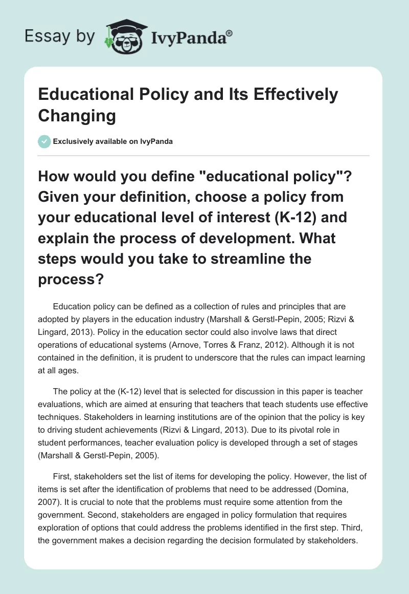 Educational Policy and Its Effectively Changing. Page 1