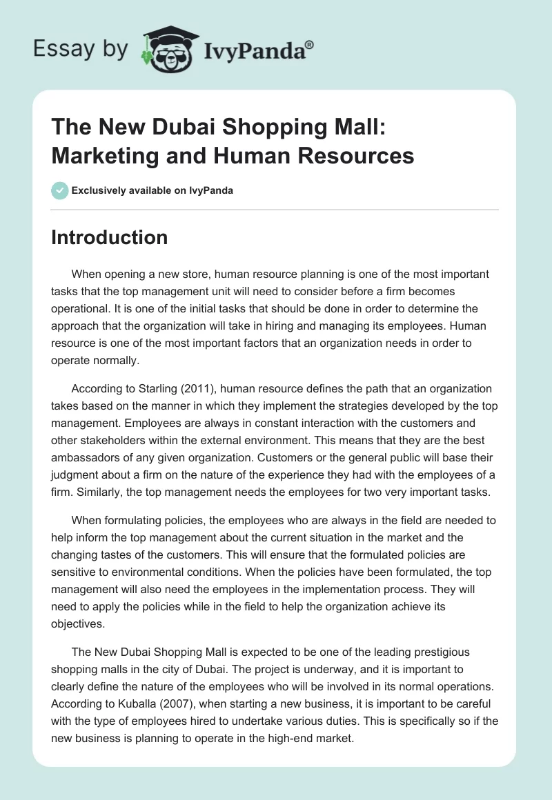 The New Dubai Shopping Mall: Marketing and Human Resources. Page 1