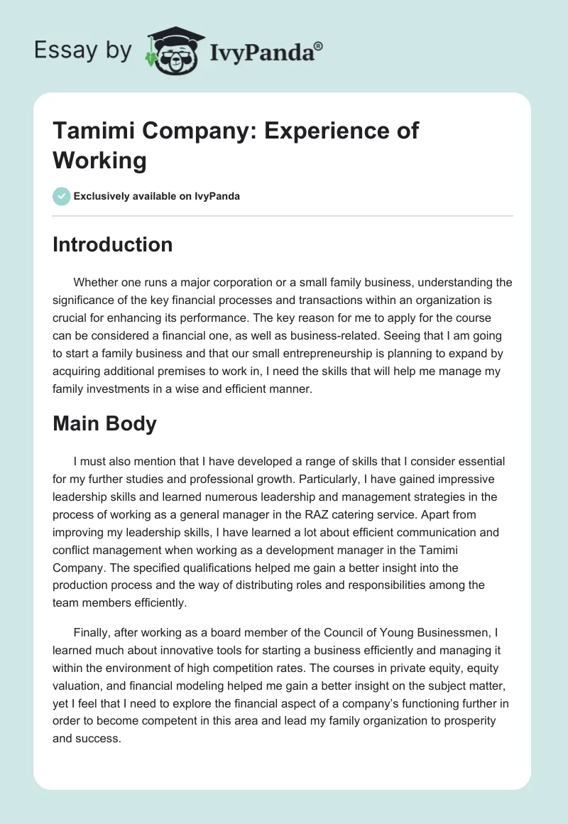 Tamimi Company: Experience of Working. Page 1