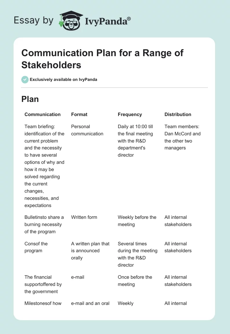 Communication Plan for a Range of Stakeholders. Page 1