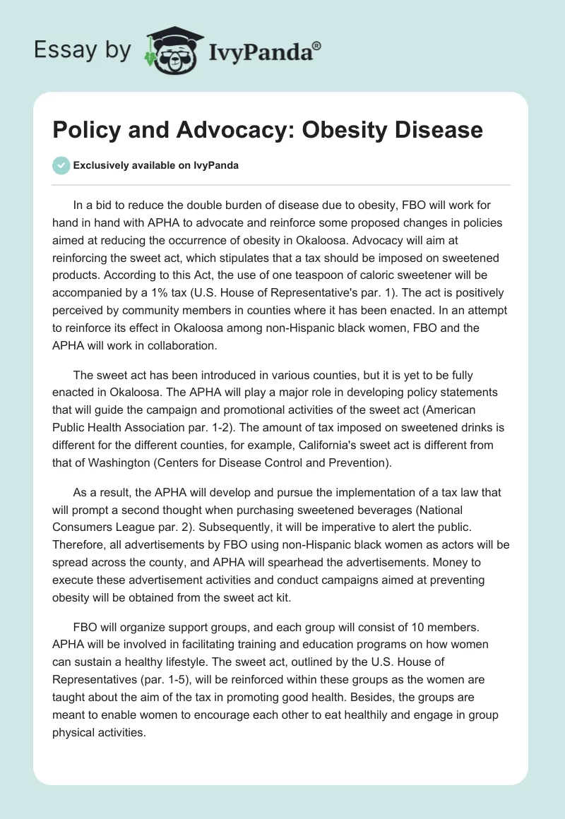 Policy and Advocacy: Obesity Disease. Page 1