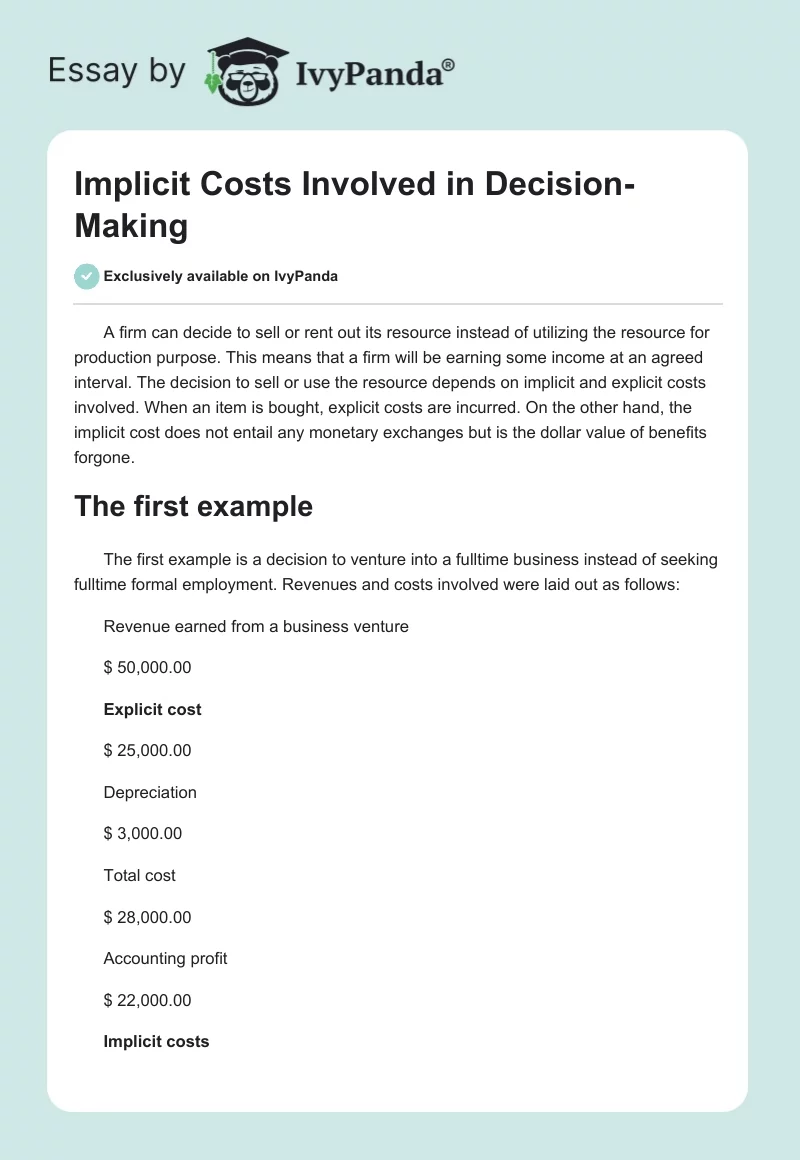 Implicit Costs Involved in Decision-Making. Page 1