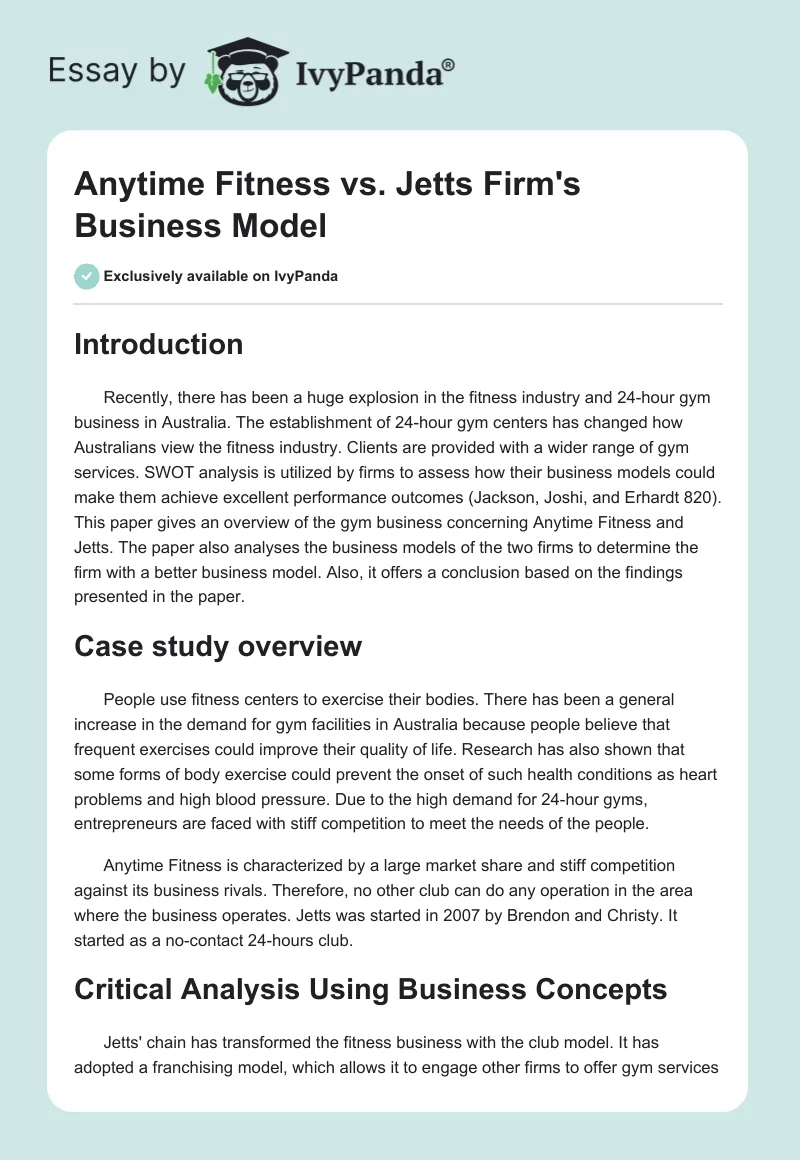 Anytime Fitness vs. Jetts Firm's Business Model. Page 1