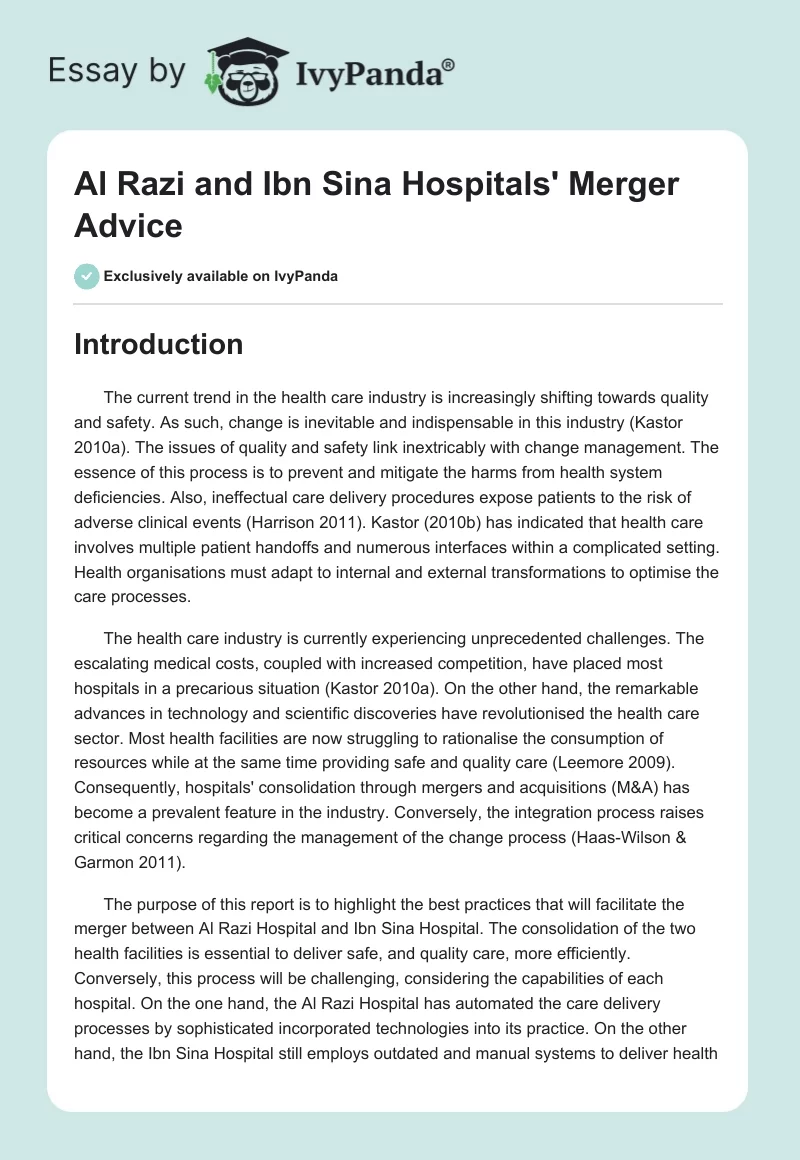 Al Razi and Ibn Sina Hospitals' Merger Advice. Page 1