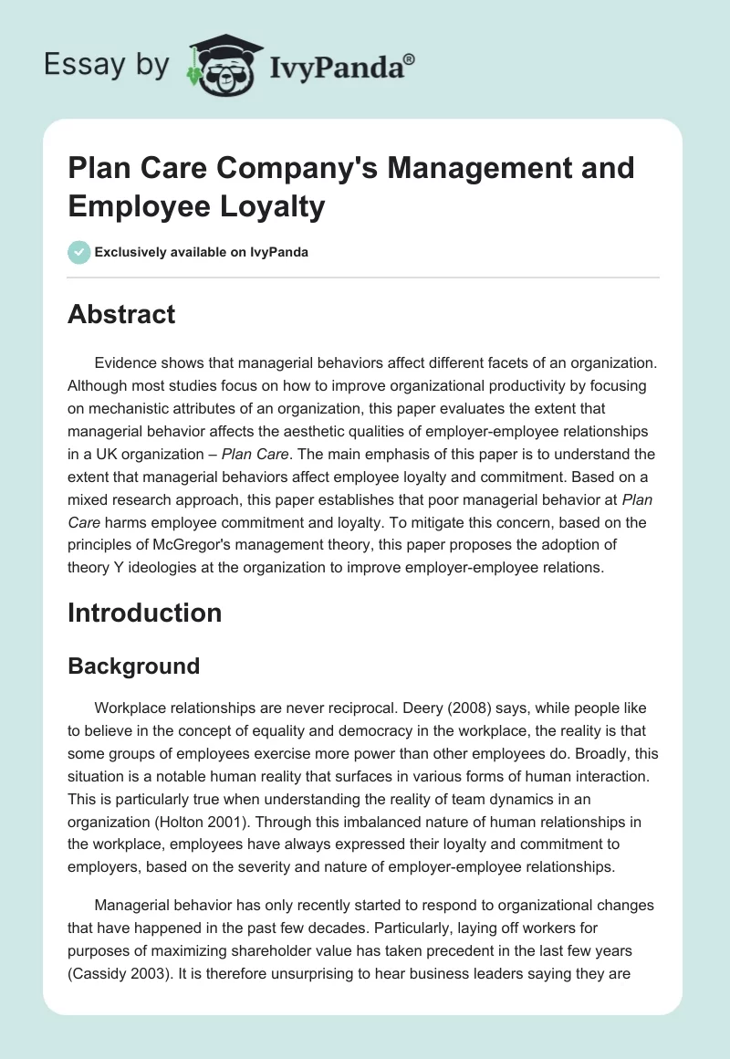 Plan Care Company's Management and Employee Loyalty. Page 1