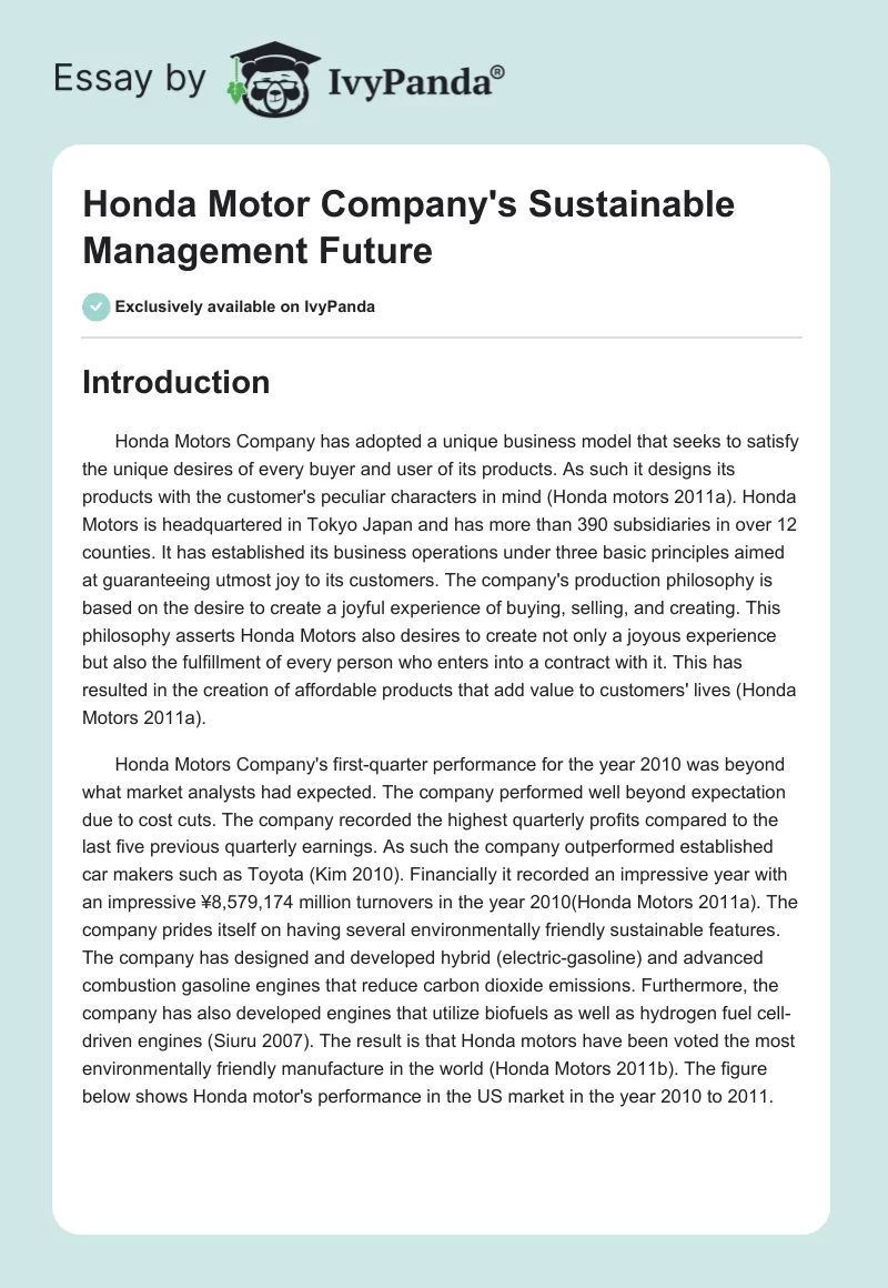 Honda Motor Company's Sustainable Management Future. Page 1