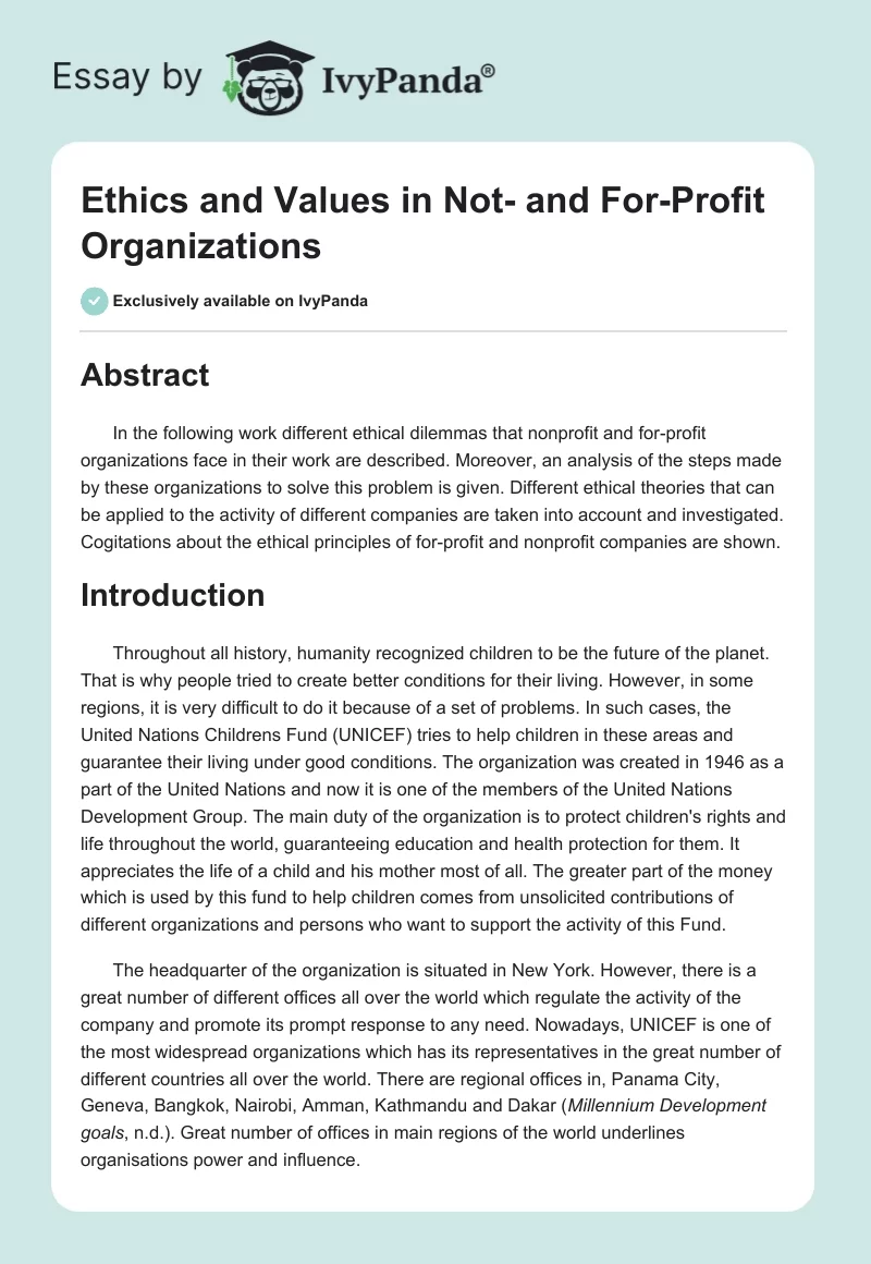 Ethics and Values in Not- and For-Profit Organizations. Page 1