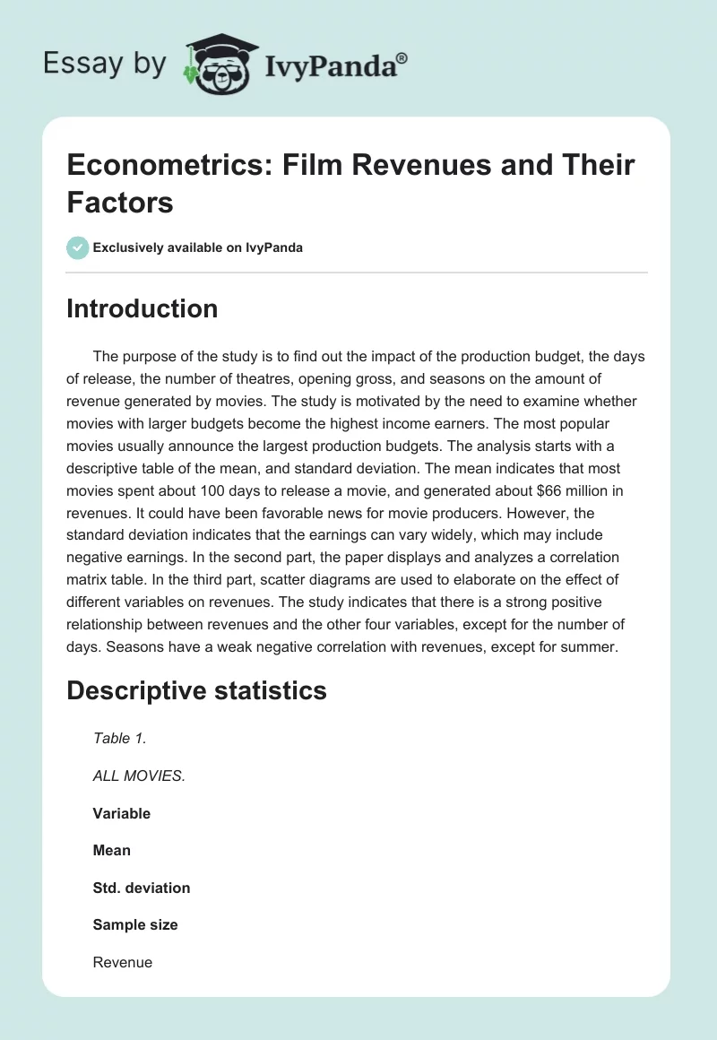 Econometrics: Film Revenues and Their Factors. Page 1