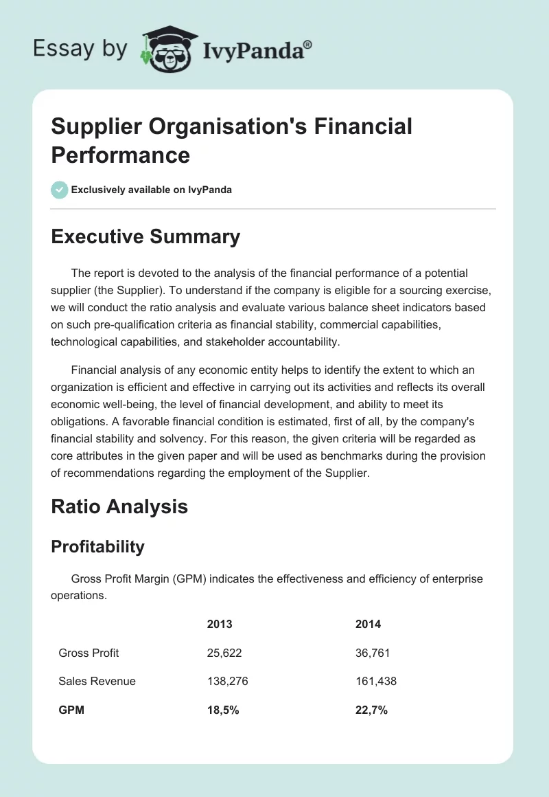 Supplier Organisation's Financial Performance. Page 1