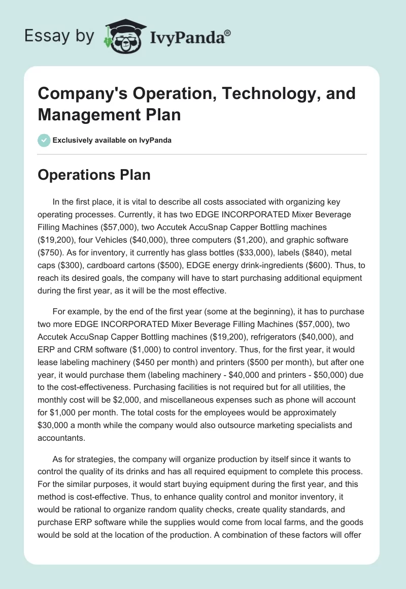 Company's Operation, Technology, and Management Plan. Page 1