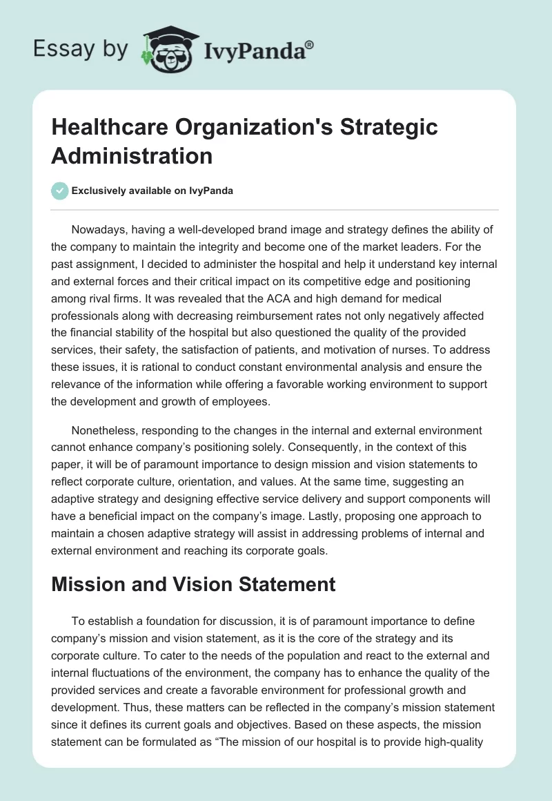 Healthcare Organization's Strategic Administration. Page 1