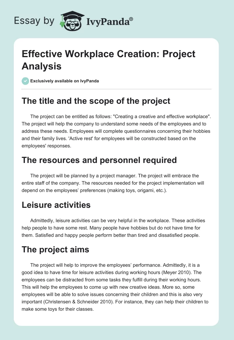 Effective Workplace Creation: Project Analysis. Page 1